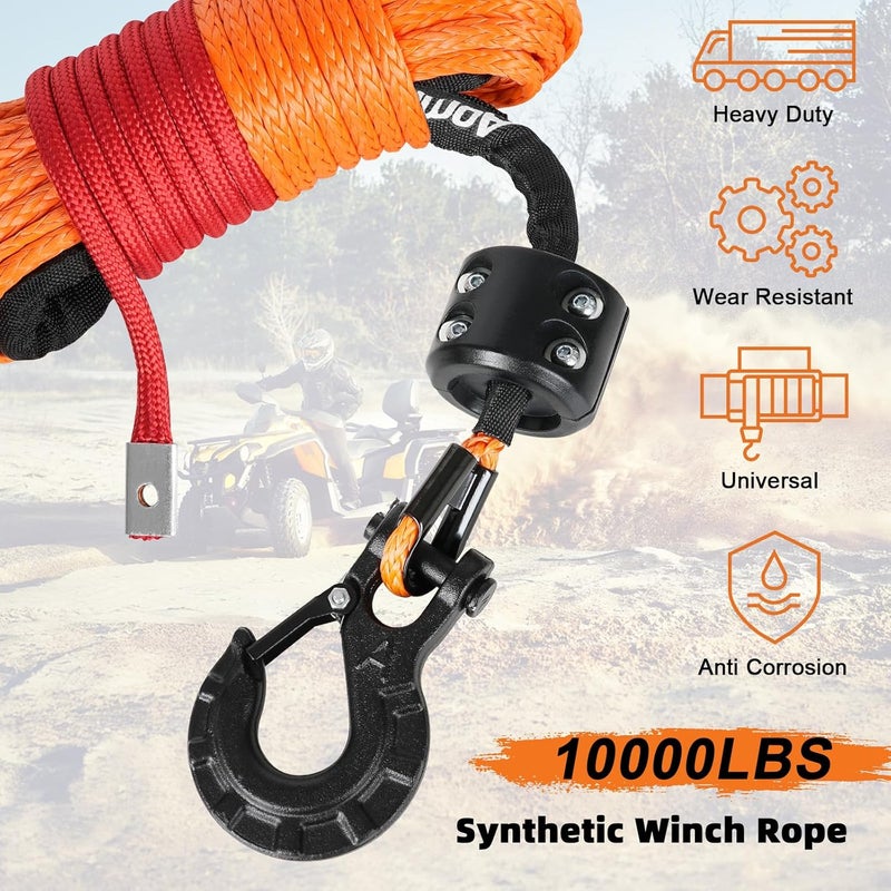 Aomifunny حبل ونش صناعي، 1/4" × 50 قدم 10000 رطل حبل ونش، كابل ونش صناعي مع غلاف واقي + خطاف ونش + حزام سحب أمان لمركبات الطرق الوعرة ATV UTV SUV (برتقالي) - Image 4